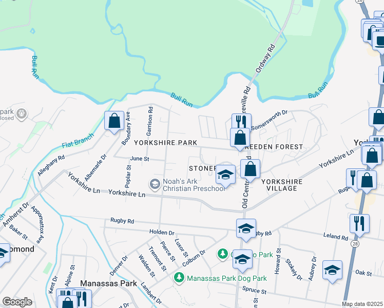 map of restaurants, bars, coffee shops, grocery stores, and more near 7517 Whitehall Drive in Manassas