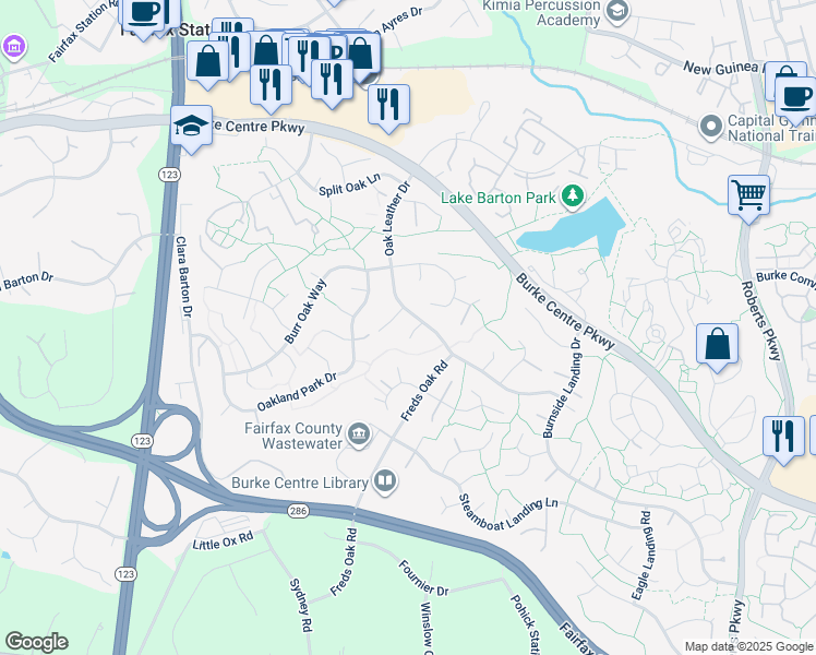 map of restaurants, bars, coffee shops, grocery stores, and more near 5816 Oak Leather Drive in Burke