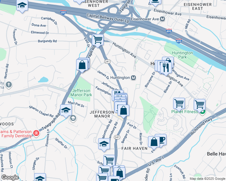 map of restaurants, bars, coffee shops, grocery stores, and more near 2621 Jefferson Drive in Alexandria