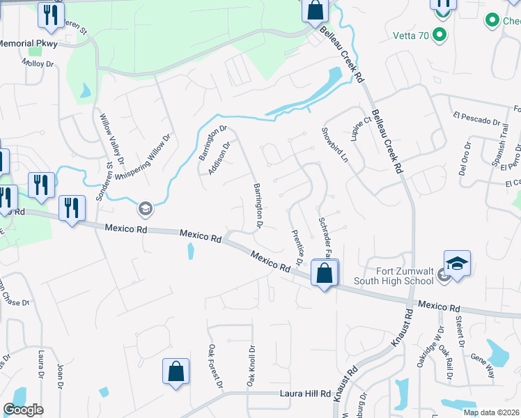 map of restaurants, bars, coffee shops, grocery stores, and more near 6 Middlebury in St. Peters