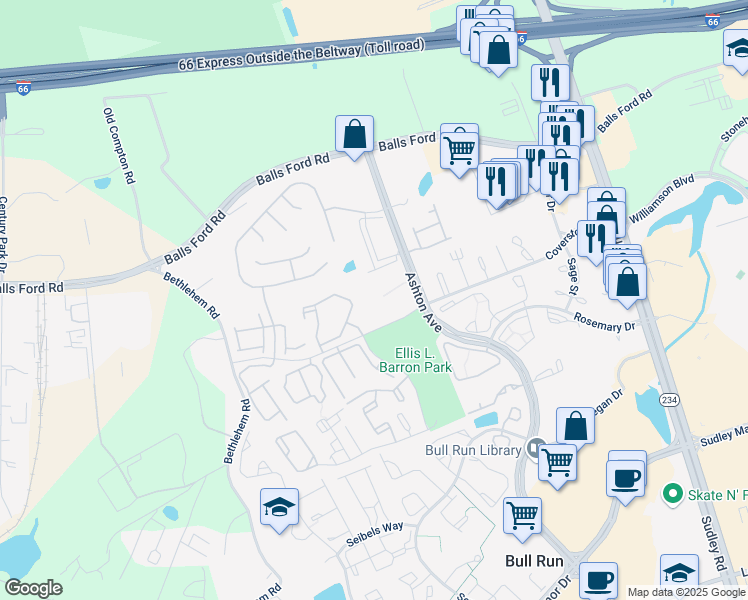 map of restaurants, bars, coffee shops, grocery stores, and more near 7598 Gales Court in Manassas