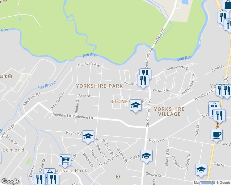map of restaurants, bars, coffee shops, grocery stores, and more near 7517 Whitehall Drive in Manassas