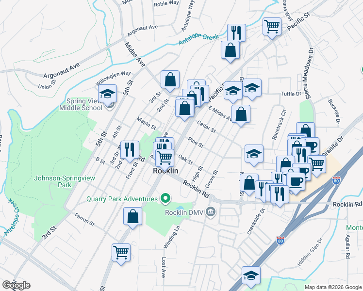 map of restaurants, bars, coffee shops, grocery stores, and more near in Rocklin