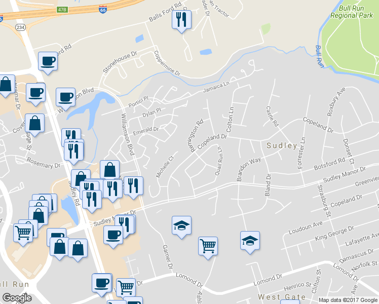 map of restaurants, bars, coffee shops, grocery stores, and more near 10300 Copeland Drive in Manassas