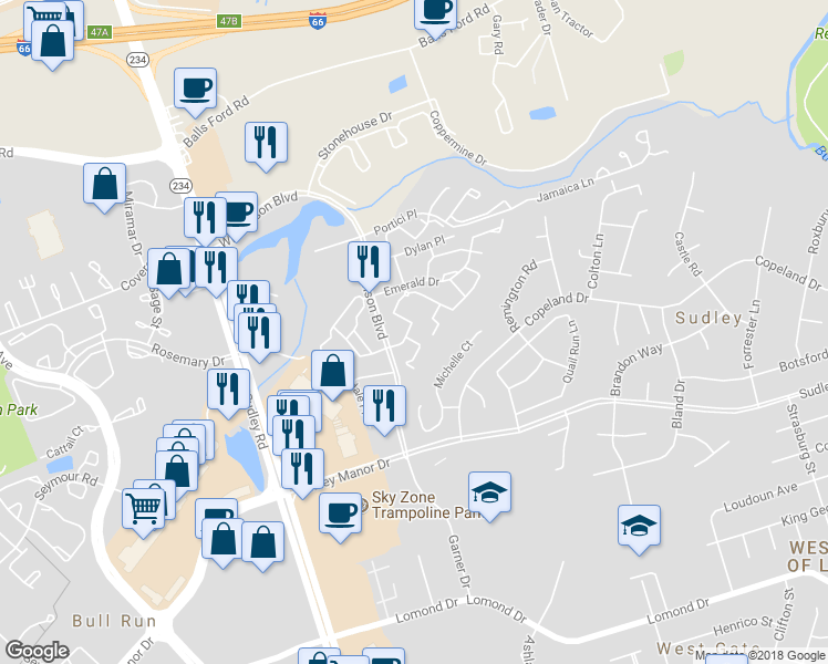 map of restaurants, bars, coffee shops, grocery stores, and more near 10476 Paradise Court in Manassas