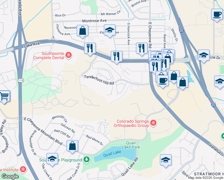 map of restaurants, bars, coffee shops, grocery stores, and more near 983 Tenderfoot Hill Road in Colorado Springs