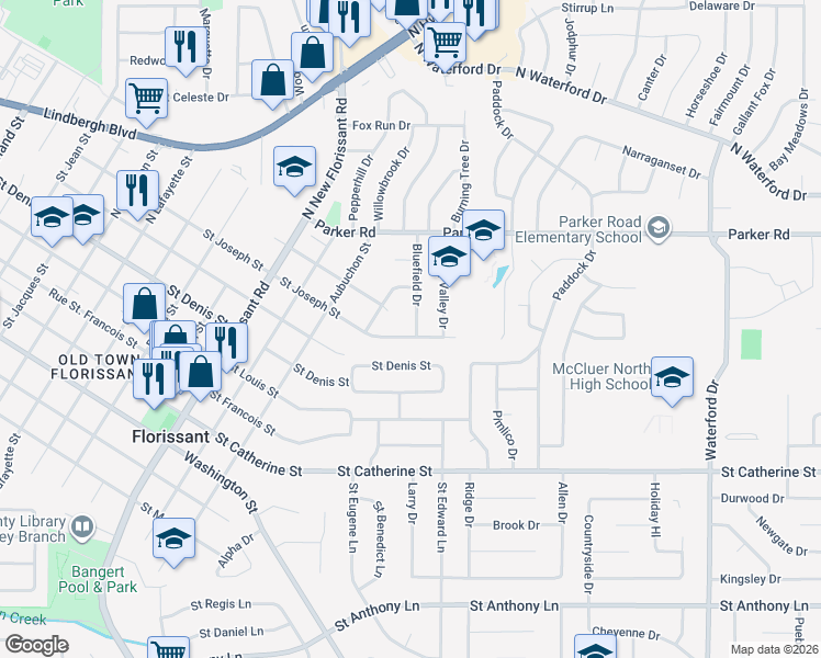 map of restaurants, bars, coffee shops, grocery stores, and more near 1485 Saint Michael Street in Florissant