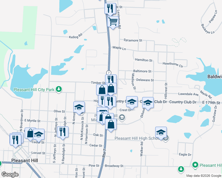 map of restaurants, bars, coffee shops, grocery stores, and more near Missouri 7 in Pleasant Hill