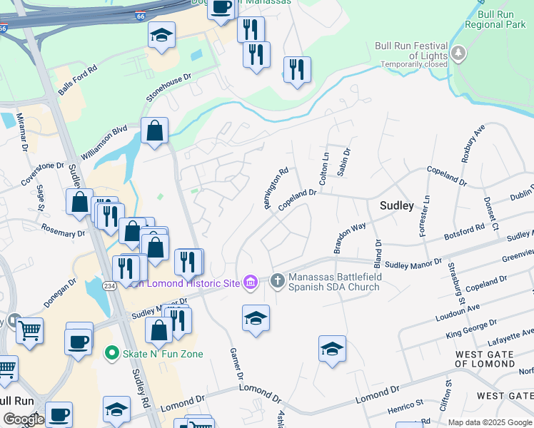 map of restaurants, bars, coffee shops, grocery stores, and more near 10300 Copeland Drive in Manassas