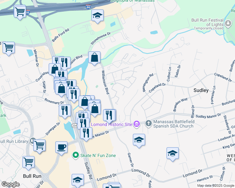 map of restaurants, bars, coffee shops, grocery stores, and more near 10476 Paradise Court in Manassas