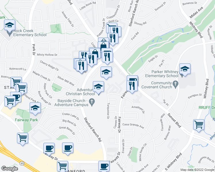 map of restaurants, bars, coffee shops, grocery stores, and more near 3333 Marlee Way in Rocklin