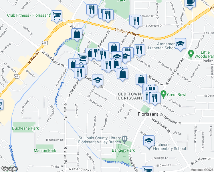 map of restaurants, bars, coffee shops, grocery stores, and more near 450 Rue Saint Jacques in Florissant