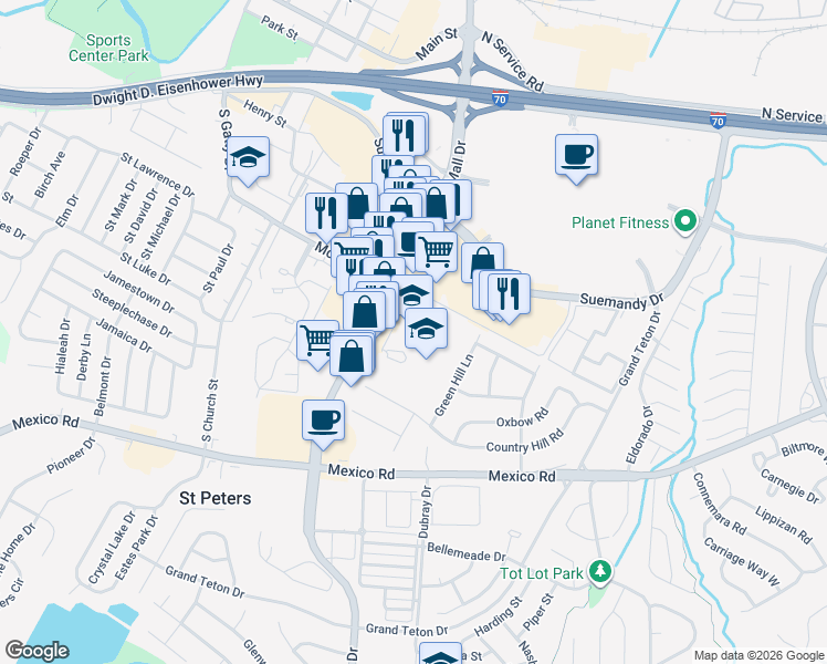 map of restaurants, bars, coffee shops, grocery stores, and more near 400 McMenamy Road in St. Peters