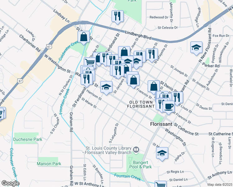 map of restaurants, bars, coffee shops, grocery stores, and more near 450 Rue Saint Jacques in Florissant