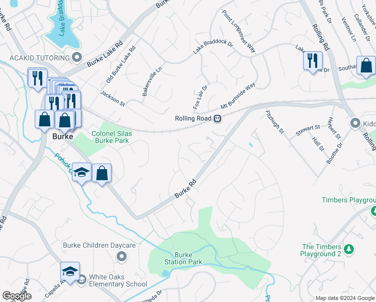 map of restaurants, bars, coffee shops, grocery stores, and more near 5810 Silchester Street in Burke