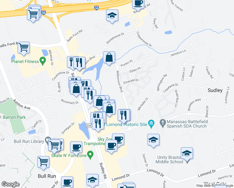 map of restaurants, bars, coffee shops, grocery stores, and more near 10556 Falkirk Way in Manassas