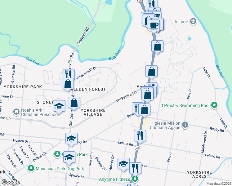 map of restaurants, bars, coffee shops, grocery stores, and more near 8625 Centerton Lane in Manassas