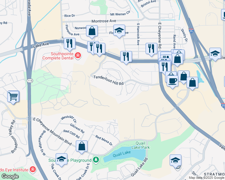 map of restaurants, bars, coffee shops, grocery stores, and more near 945 Tenderfoot Hill Road in Colorado Springs