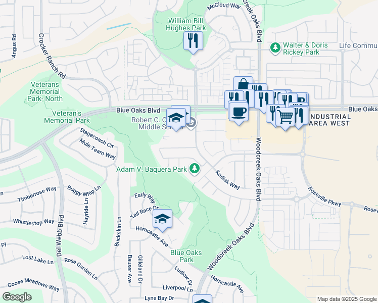 map of restaurants, bars, coffee shops, grocery stores, and more near 9389 Moondancer Circle in Roseville