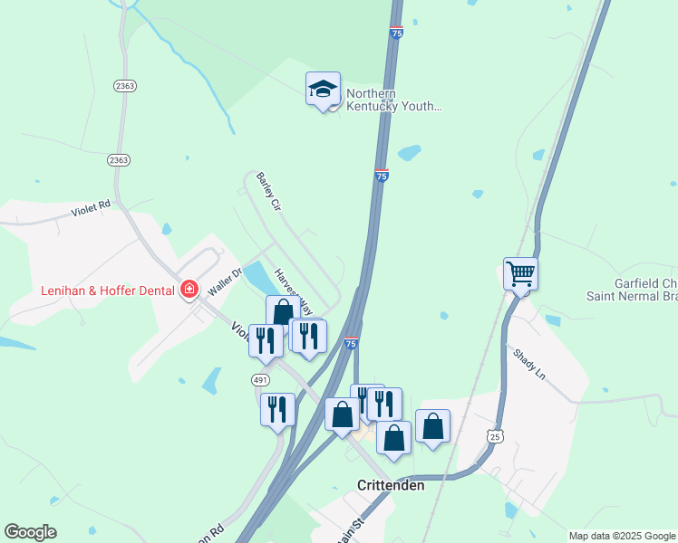 map of restaurants, bars, coffee shops, grocery stores, and more near 230 Wheat Court in Crittenden