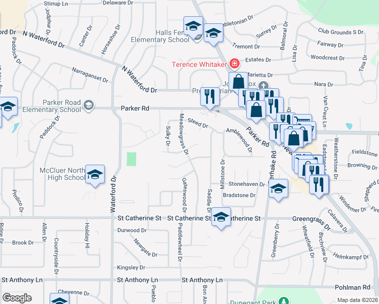 map of restaurants, bars, coffee shops, grocery stores, and more near 1020 Meadowgrass Drive in Florissant