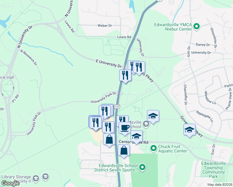 map of restaurants, bars, coffee shops, grocery stores, and more near 309 University Park Drive in Edwardsville