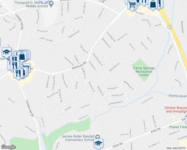 map of restaurants, bars, coffee shops, grocery stores, and more near 7001 Taylor Manor Avenue in Temple Hills