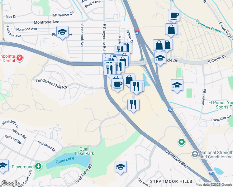 map of restaurants, bars, coffee shops, grocery stores, and more near 1630 East Cheyenne Mountain Boulevard in Colorado Springs