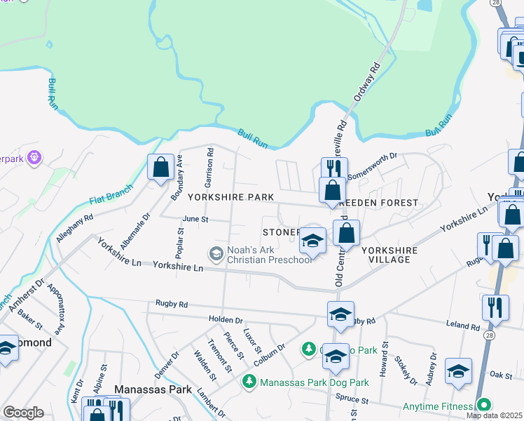 map of restaurants, bars, coffee shops, grocery stores, and more near 8805 Stoneridge Drive in Manassas