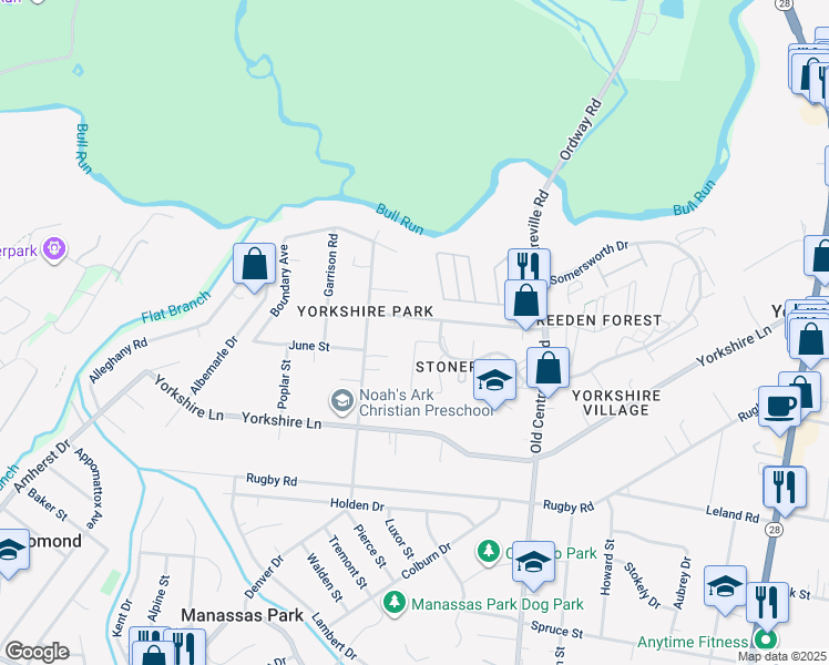 map of restaurants, bars, coffee shops, grocery stores, and more near 8805 Stoneridge Drive in Manassas