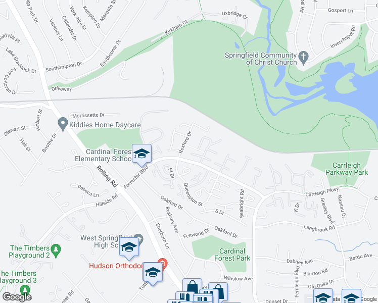 map of restaurants, bars, coffee shops, grocery stores, and more near 8425 Penshurst Drive in Springfield