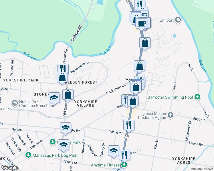 map of restaurants, bars, coffee shops, grocery stores, and more near 8623 Centerton Lane in Manassas