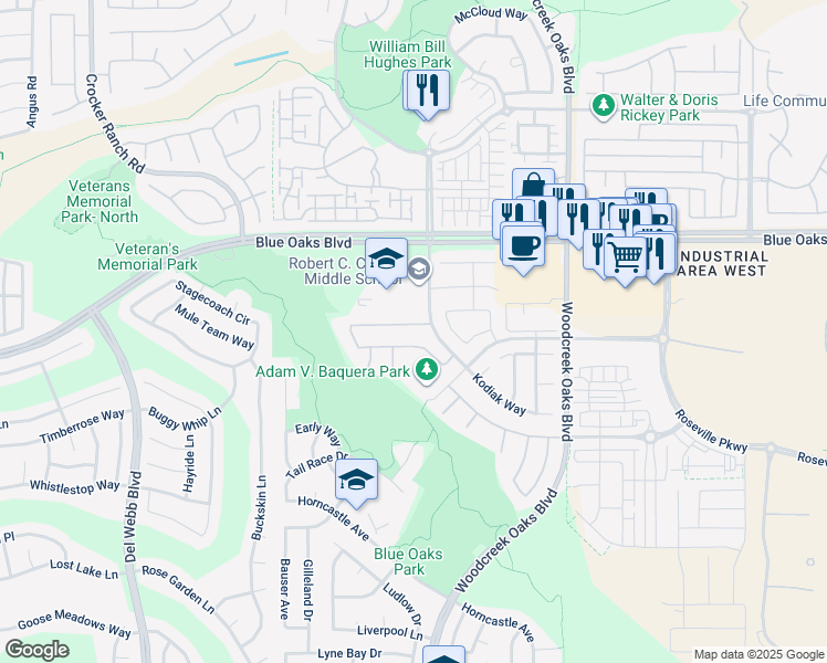 map of restaurants, bars, coffee shops, grocery stores, and more near 9389 Moondancer Circle in Roseville