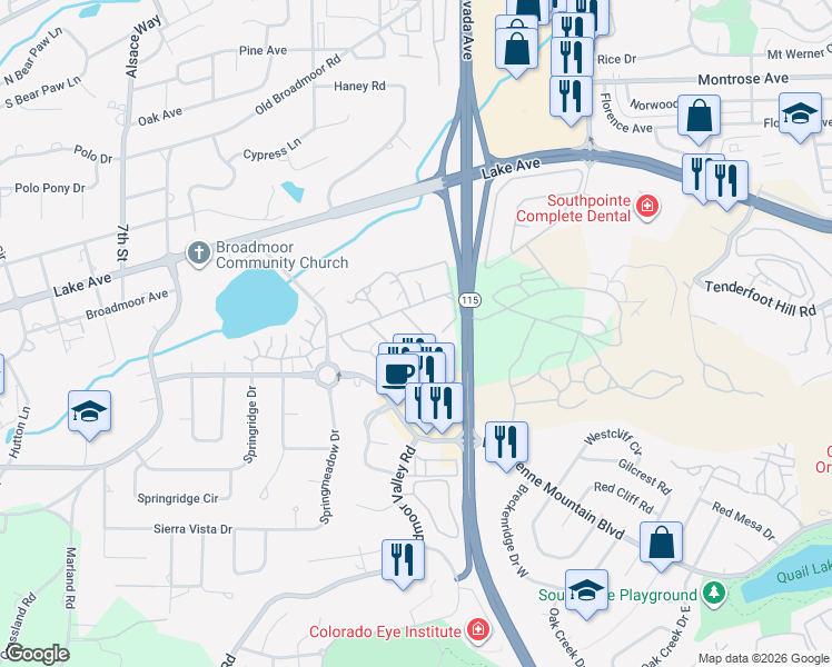 map of restaurants, bars, coffee shops, grocery stores, and more near 2725 Fox Grove Court in Colorado Springs