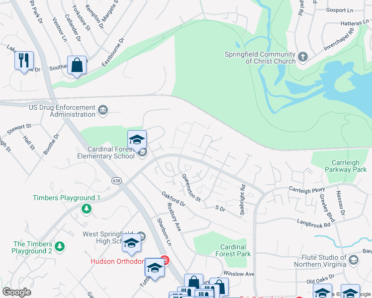 map of restaurants, bars, coffee shops, grocery stores, and more near 5825 Rexford Dr in Springfield