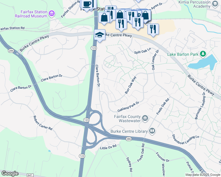 map of restaurants, bars, coffee shops, grocery stores, and more near 10848 Burr Oak Way in Burke