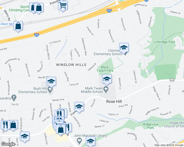 map of restaurants, bars, coffee shops, grocery stores, and more near 5911 Larpin Lane in Alexandria