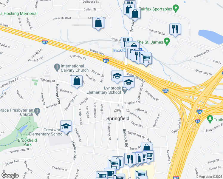 map of restaurants, bars, coffee shops, grocery stores, and more near 5806 Brunswick Street in Springfield