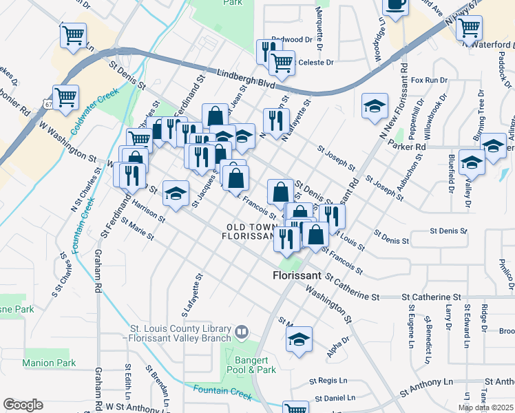 map of restaurants, bars, coffee shops, grocery stores, and more near 755 Rue Saint Francois in Florissant
