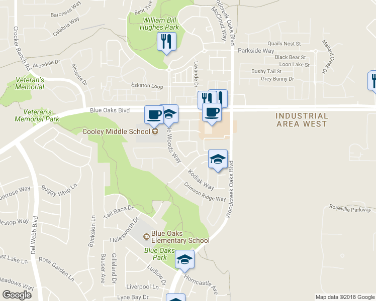 map of restaurants, bars, coffee shops, grocery stores, and more near 9225 Pinto Canyon Way in Roseville