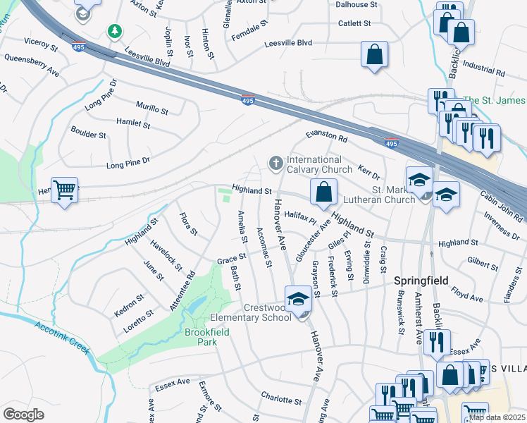 map of restaurants, bars, coffee shops, grocery stores, and more near 5807 Accomac Street in Springfield