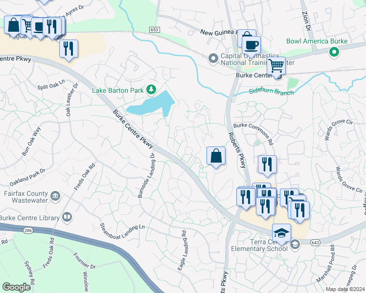 map of restaurants, bars, coffee shops, grocery stores, and more near 5924 Cove Landing Road in Burke
