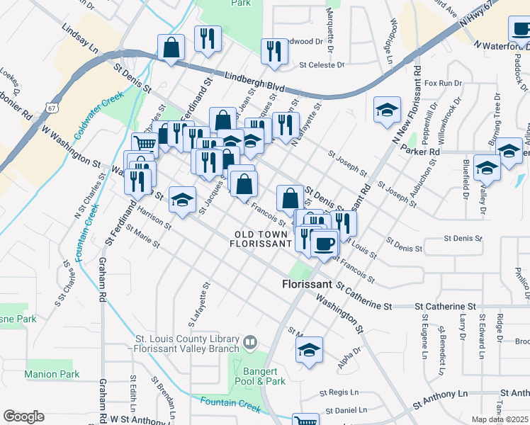 map of restaurants, bars, coffee shops, grocery stores, and more near 755 Rue Saint Francois in Florissant