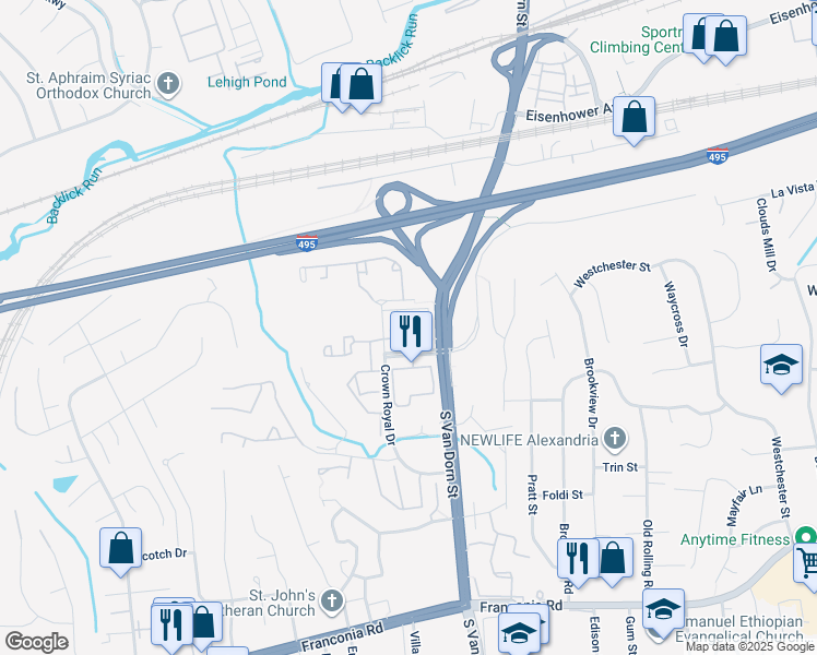 map of restaurants, bars, coffee shops, grocery stores, and more near 5900 Coverdale Way in Alexandria