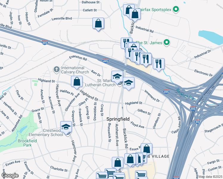 map of restaurants, bars, coffee shops, grocery stores, and more near 5806 Brunswick Street in Springfield