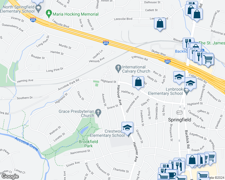 map of restaurants, bars, coffee shops, grocery stores, and more near 5807 Accomac Street in Springfield