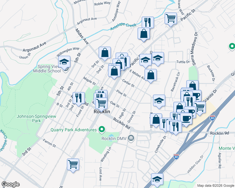 map of restaurants, bars, coffee shops, grocery stores, and more near 3870 Pine Street in Rocklin