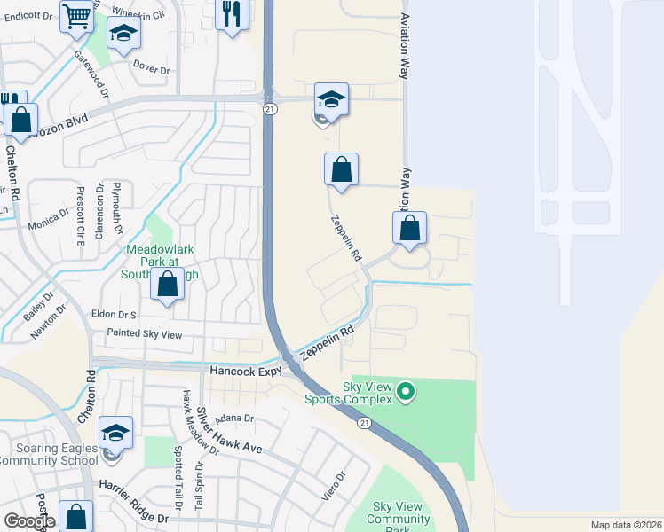 map of restaurants, bars, coffee shops, grocery stores, and more near 2515-2561 Zeppelin Road in Colorado Springs