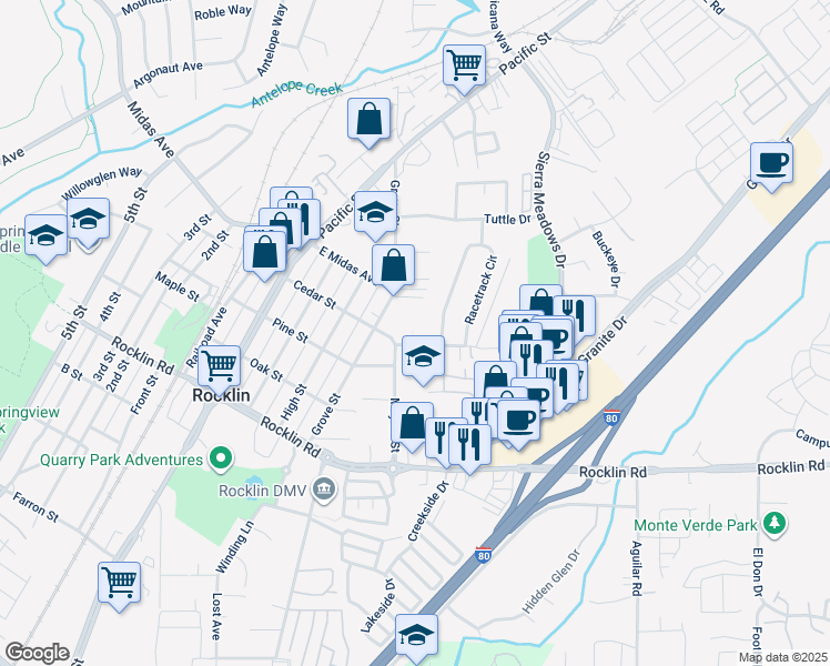 map of restaurants, bars, coffee shops, grocery stores, and more near 4207 Racetrack Road in Rocklin