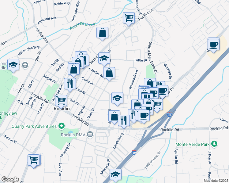 map of restaurants, bars, coffee shops, grocery stores, and more near 4207 Racetrack Road in Rocklin
